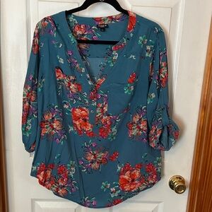 Torrid Teal and Red Floral Blouse
